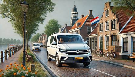 Een Volkswagen Crafter rijdend door een dorp langs een rivier